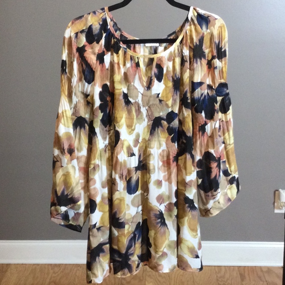 L Spense Boho Floral Print Scoop Neck Babydoll Peplum Top - Tan Multi